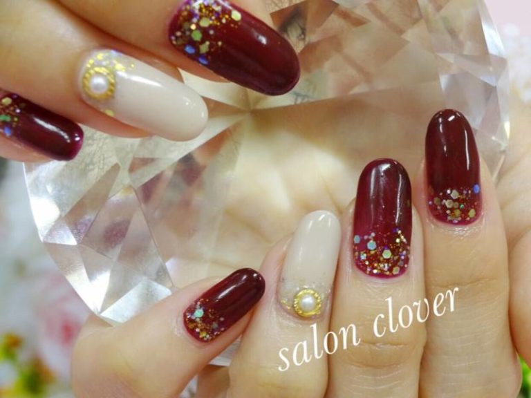 パール×ボルドーべたぬり★大人系ネイル Salon Clover サロンクローバー